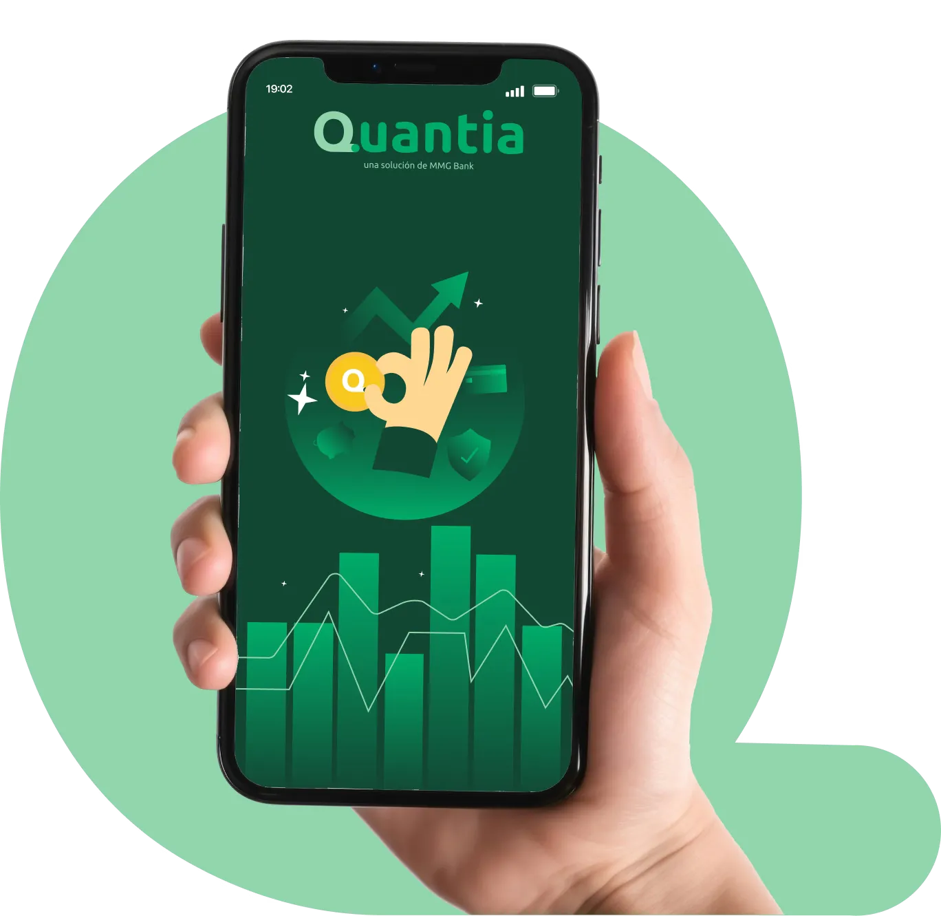 App de Quantia Hub en un teléfono sostenido en la mano