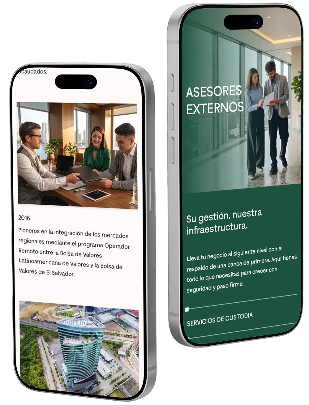 Historia del banco y sección de asesores externos del sitio de MMG Bank en dos teléfonos