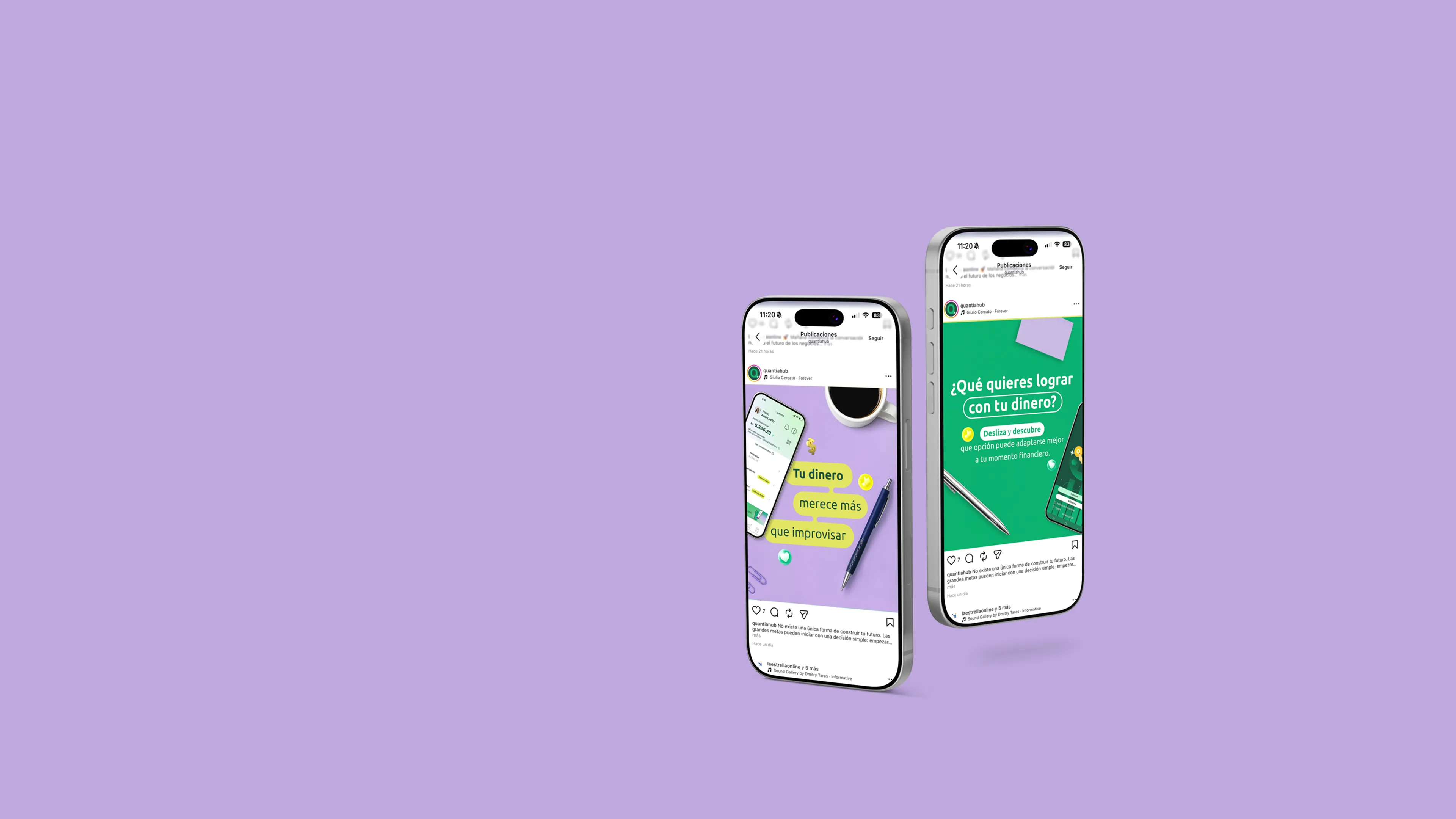Publicaciones de Quantia mostradas en dos teléfonos sobre un fondo lavanda
