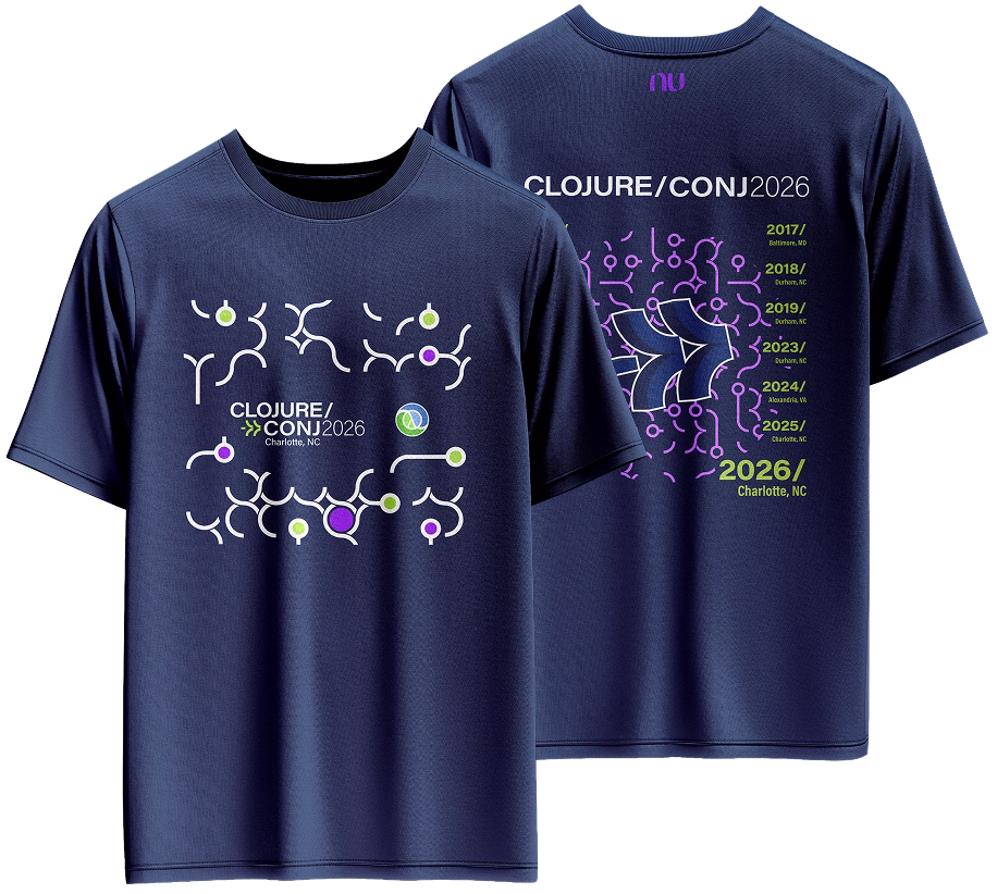 Remeras del merchandising de Clojure/Conj 2026