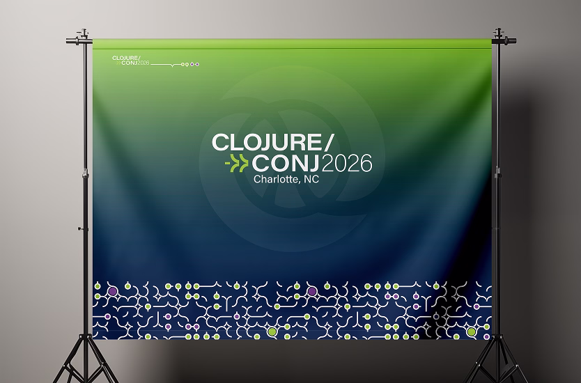 Banner de Clojure/Conj 2026 en un backdrop